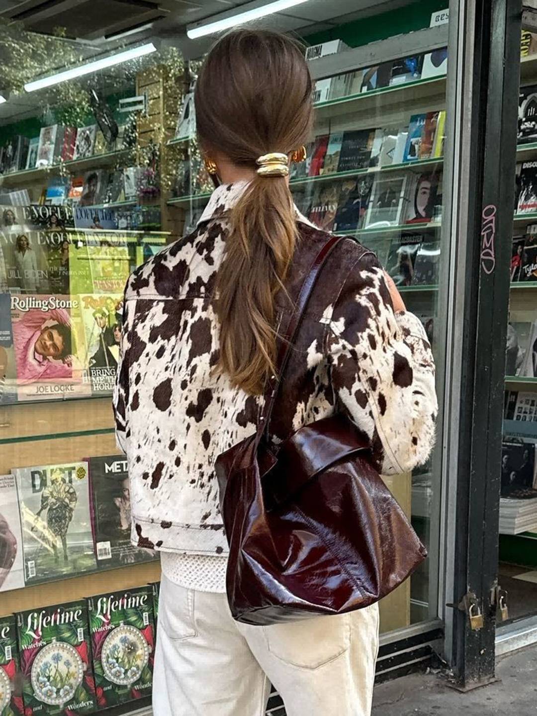 Cocolii veste en jean femme imprimé vache doudoune boutonnage poches manches longues boyfriend décontracté automne