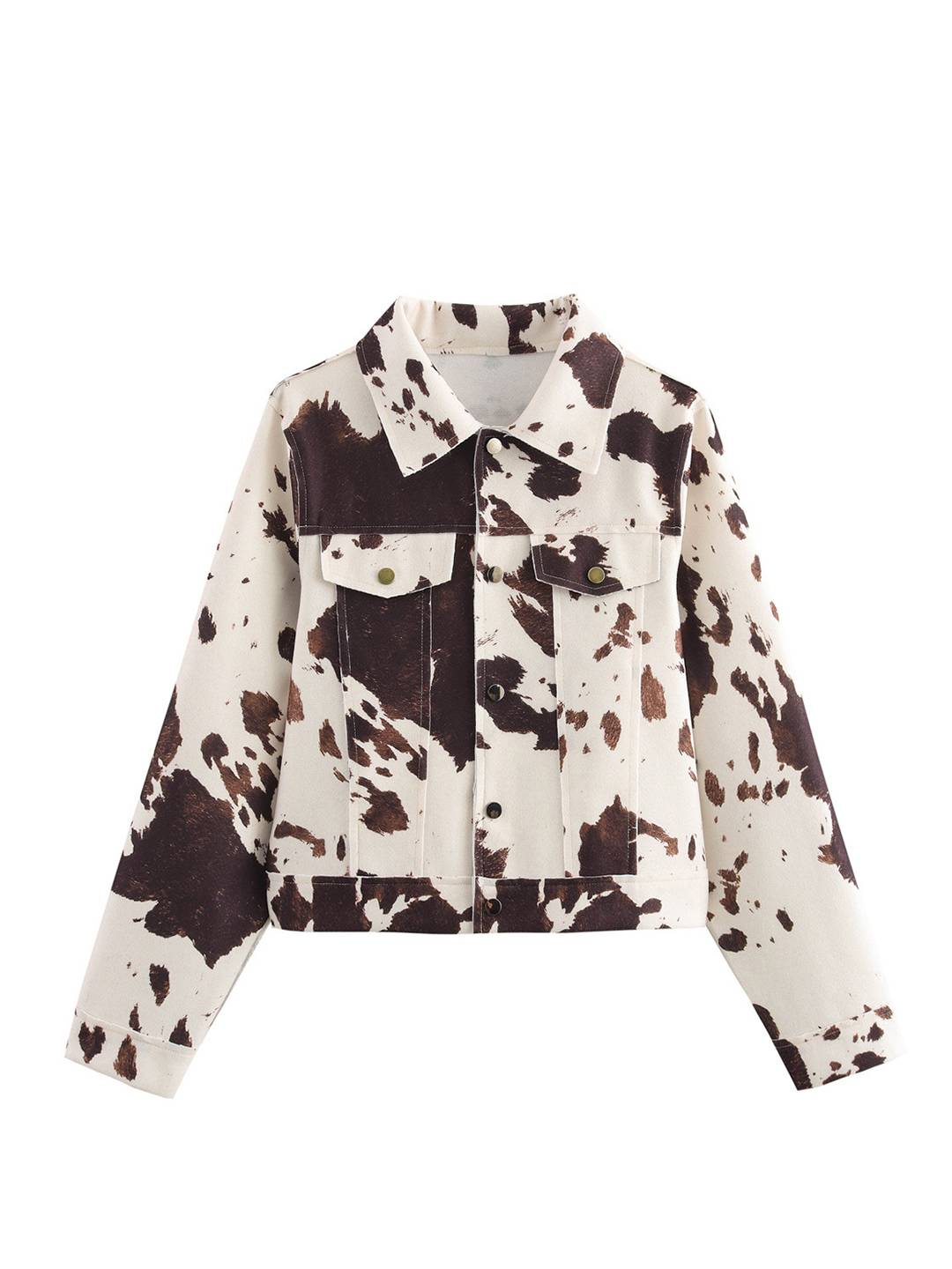 Cocolii veste en jean femme imprimé vache doudoune boutonnage poches manches longues boyfriend décontracté automne