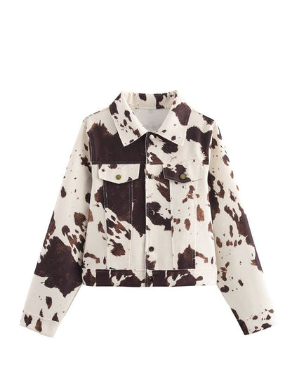 Cocolii veste en jean femme imprimé vache doudoune boutonnage poches manches longues boyfriend décontracté automne