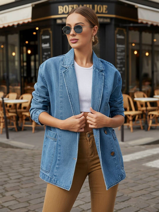 Cocolii veste blazer en jean femme boutonnage poches col revers manches longues femme décontracté oversized blouson