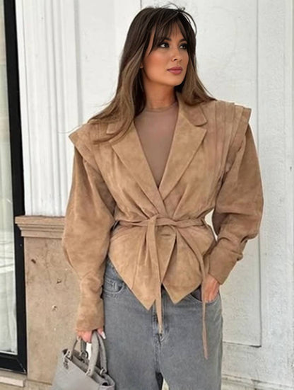 Cocolii court perfecto femme suedine ceinture v-cou col revers manches longues poches femme décontracté veste
