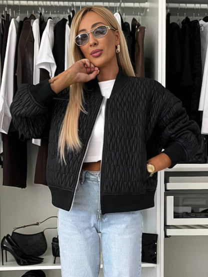 Cocolii court veste unicolore fermeture éclair poches col montant manches bishop femme élégant décontracté manteau