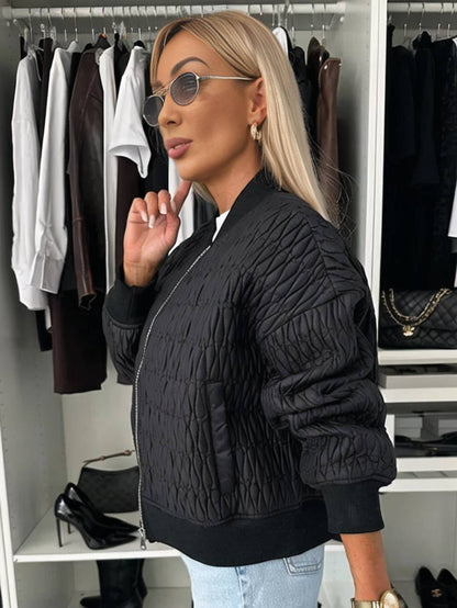 Cocolii court veste unicolore fermeture éclair poches col montant manches bishop femme élégant décontracté manteau