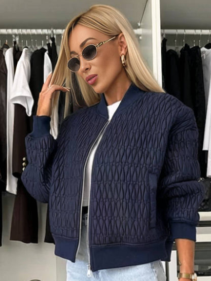 Cocolii court veste unicolore fermeture éclair poches col montant manches bishop femme élégant décontracté manteau