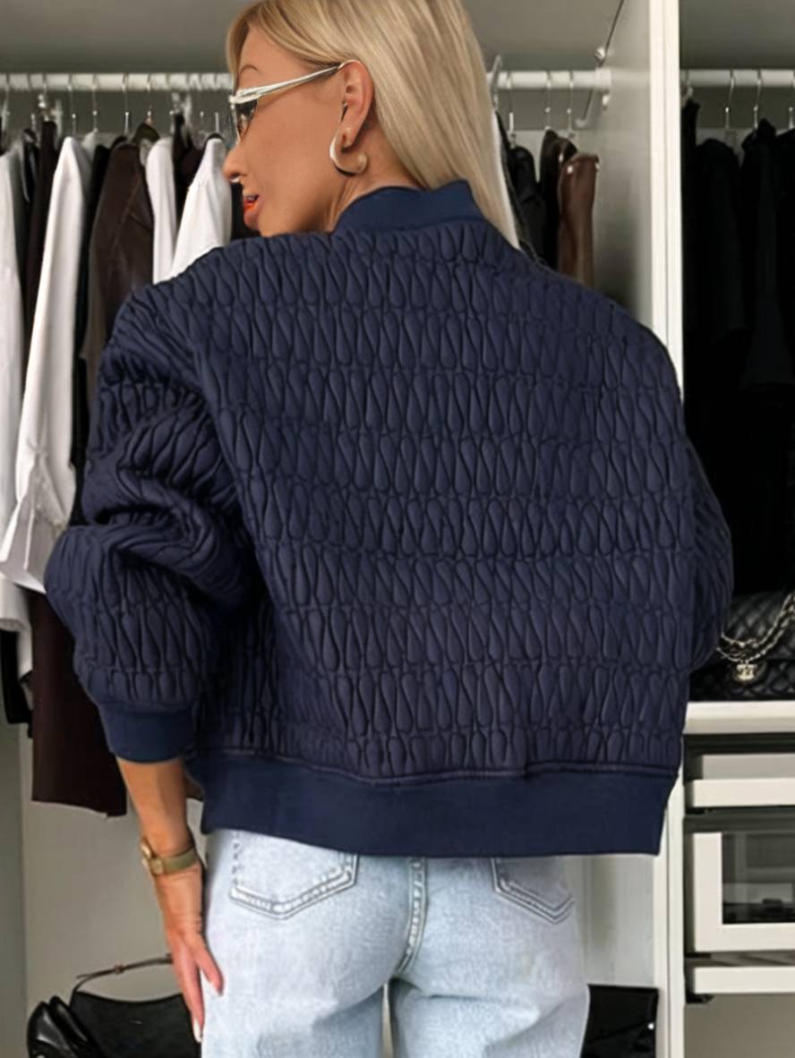 Cocolii court veste unicolore fermeture éclair poches col montant manches bishop femme élégant décontracté manteau