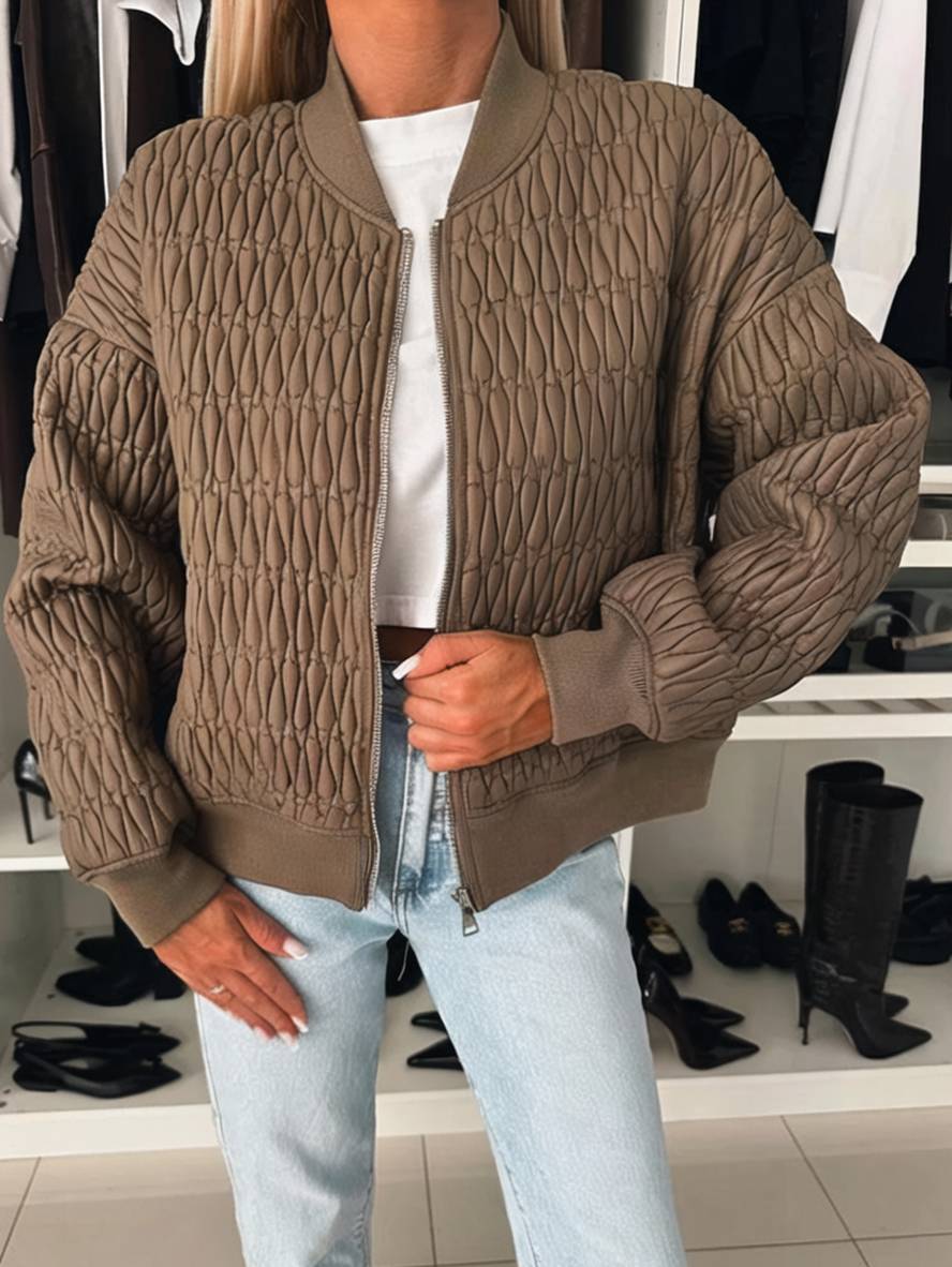 Cocolii court veste unicolore fermeture éclair poches col montant manches bishop femme élégant décontracté manteau