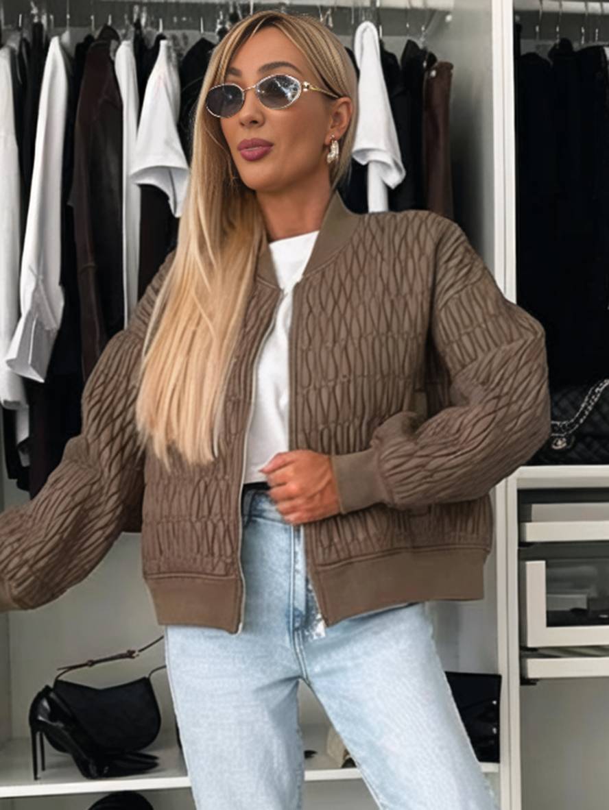 Cocolii court veste unicolore fermeture éclair poches col montant manches bishop femme élégant décontracté manteau