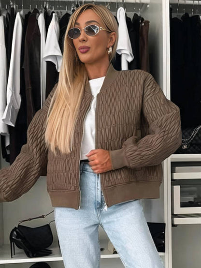 Cocolii court veste unicolore fermeture éclair poches col montant manches bishop femme élégant décontracté manteau