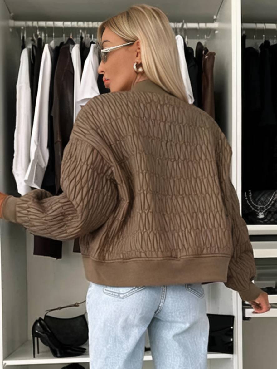 Cocolii court veste unicolore fermeture éclair poches col montant manches bishop femme élégant décontracté manteau