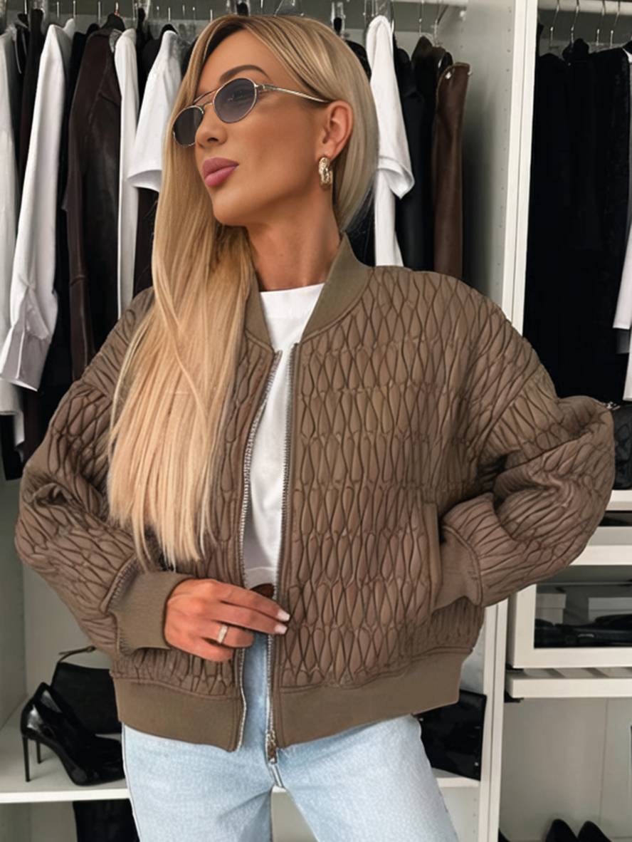 Cocolii court veste unicolore fermeture éclair poches col montant manches bishop femme élégant décontracté manteau