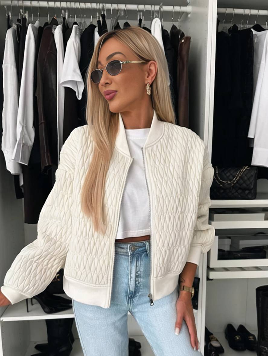 Cocolii court veste unicolore fermeture éclair poches col montant manches bishop femme élégant décontracté manteau