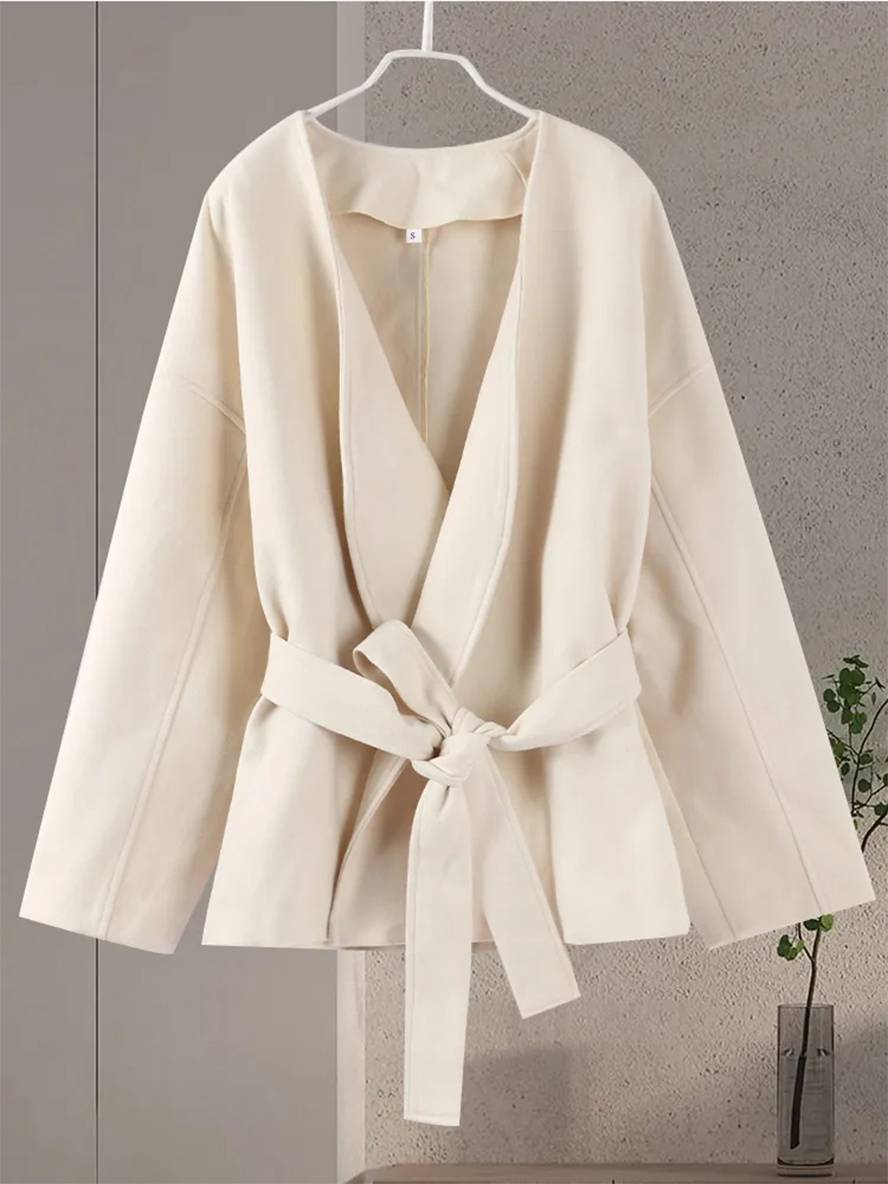 Cocolii manteau unicolore v-cou ceinture manches longues femme élégant décontracté veste