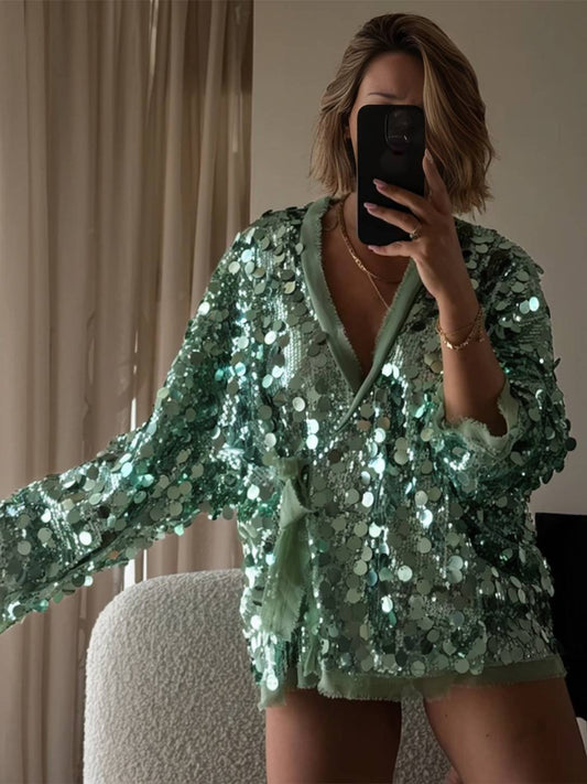 Cocolii veste courte brillante paillette pour femme v-cou manches longues ceinture élégant oversized cardigan