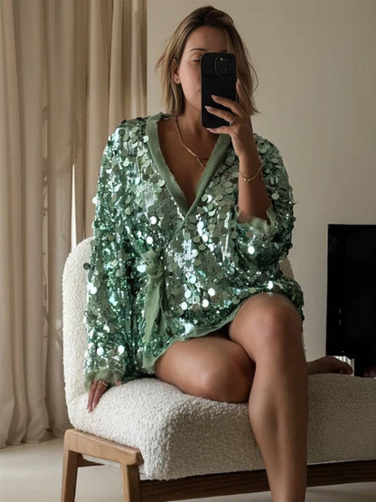 Cocolii veste courte brillante paillette pour femme v-cou manches longues ceinture élégant oversized cardigan