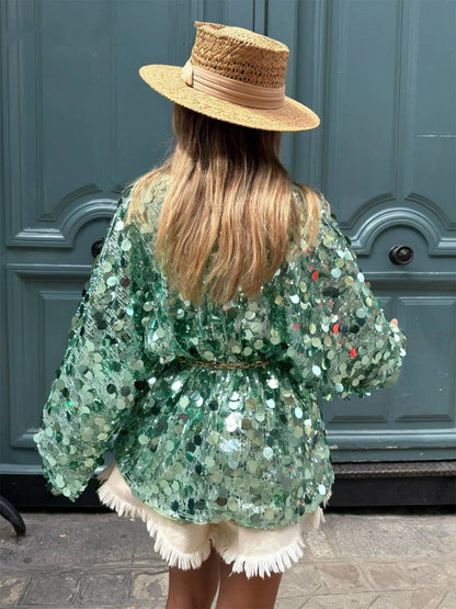 Cocolii veste courte brillante paillette pour femme v-cou manches longues ceinture élégant oversized cardigan