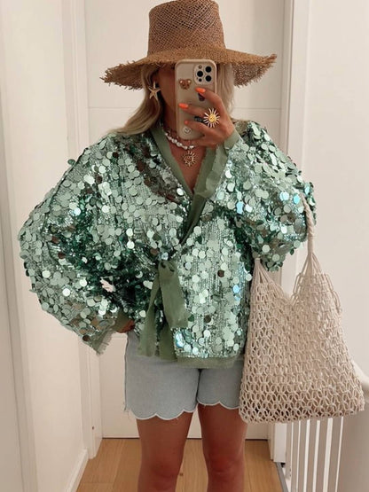 Cocolii veste courte brillante paillette pour femme v-cou manches longues ceinture élégant oversized cardigan