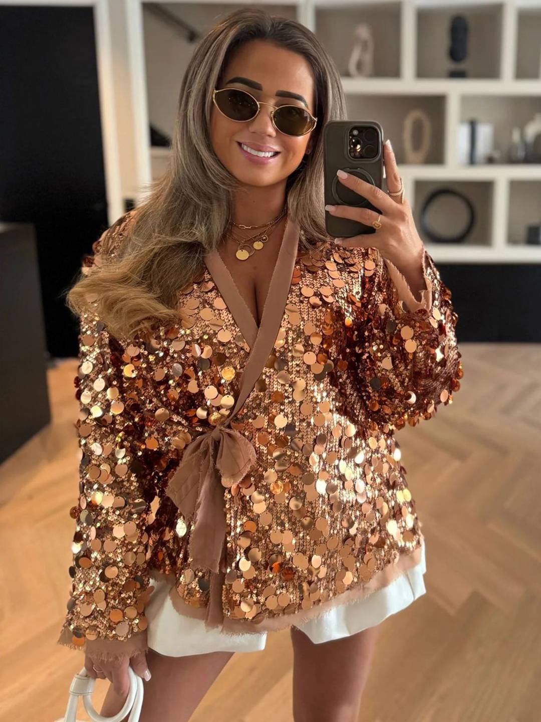 Cocolii veste courte brillante paillette pour femme v-cou manches longues ceinture élégant oversized cardigan