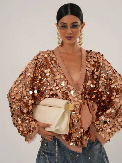 Cocolii veste courte brillante paillette pour femme v-cou manches longues ceinture élégant oversized cardigan