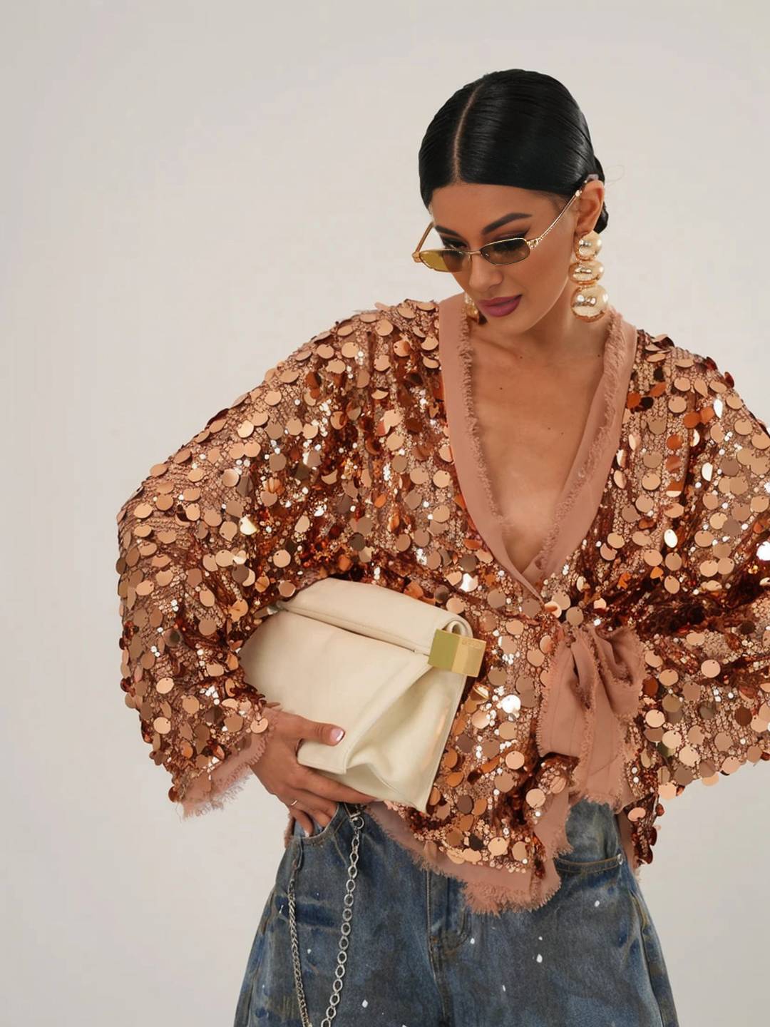 Cocolii veste courte brillante paillette pour femme v-cou manches longues ceinture élégant oversized cardigan