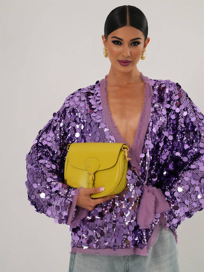 Cocolii veste courte brillante paillette pour femme v-cou manches longues ceinture élégant oversized cardigan