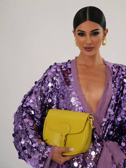 Cocolii veste courte brillante paillette pour femme v-cou manches longues ceinture élégant oversized cardigan