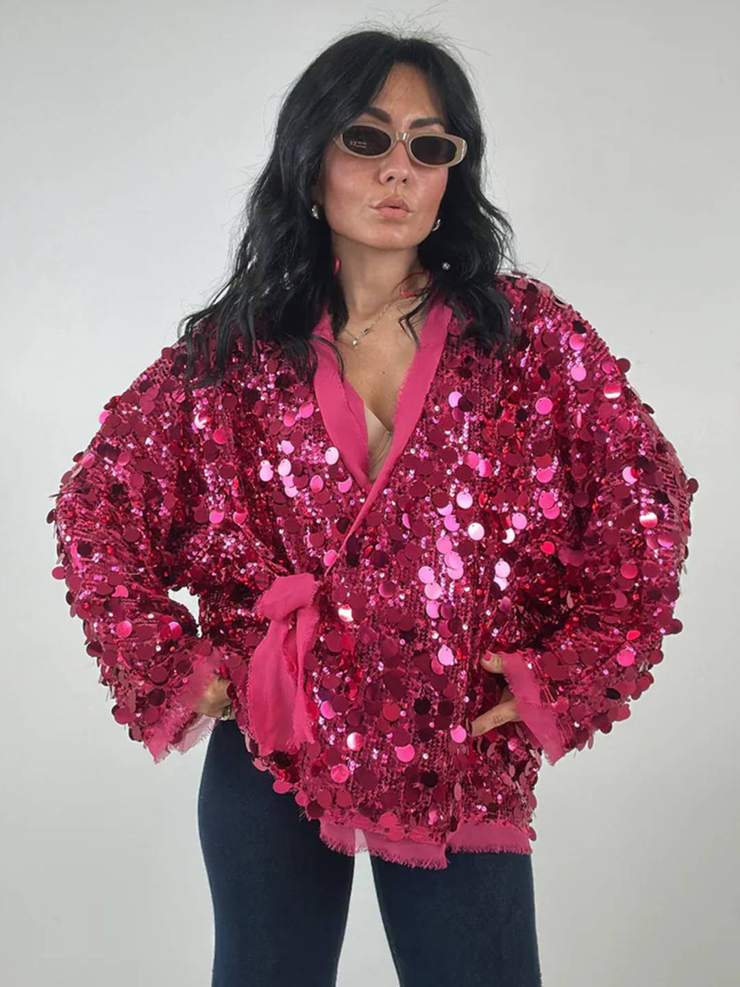 Cocolii veste courte brillante paillette pour femme v-cou manches longues ceinture élégant oversized cardigan