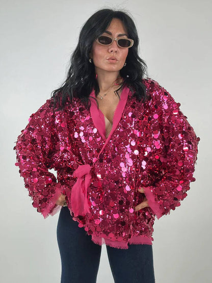 Cocolii veste courte brillante paillette pour femme v-cou manches longues ceinture élégant oversized cardigan