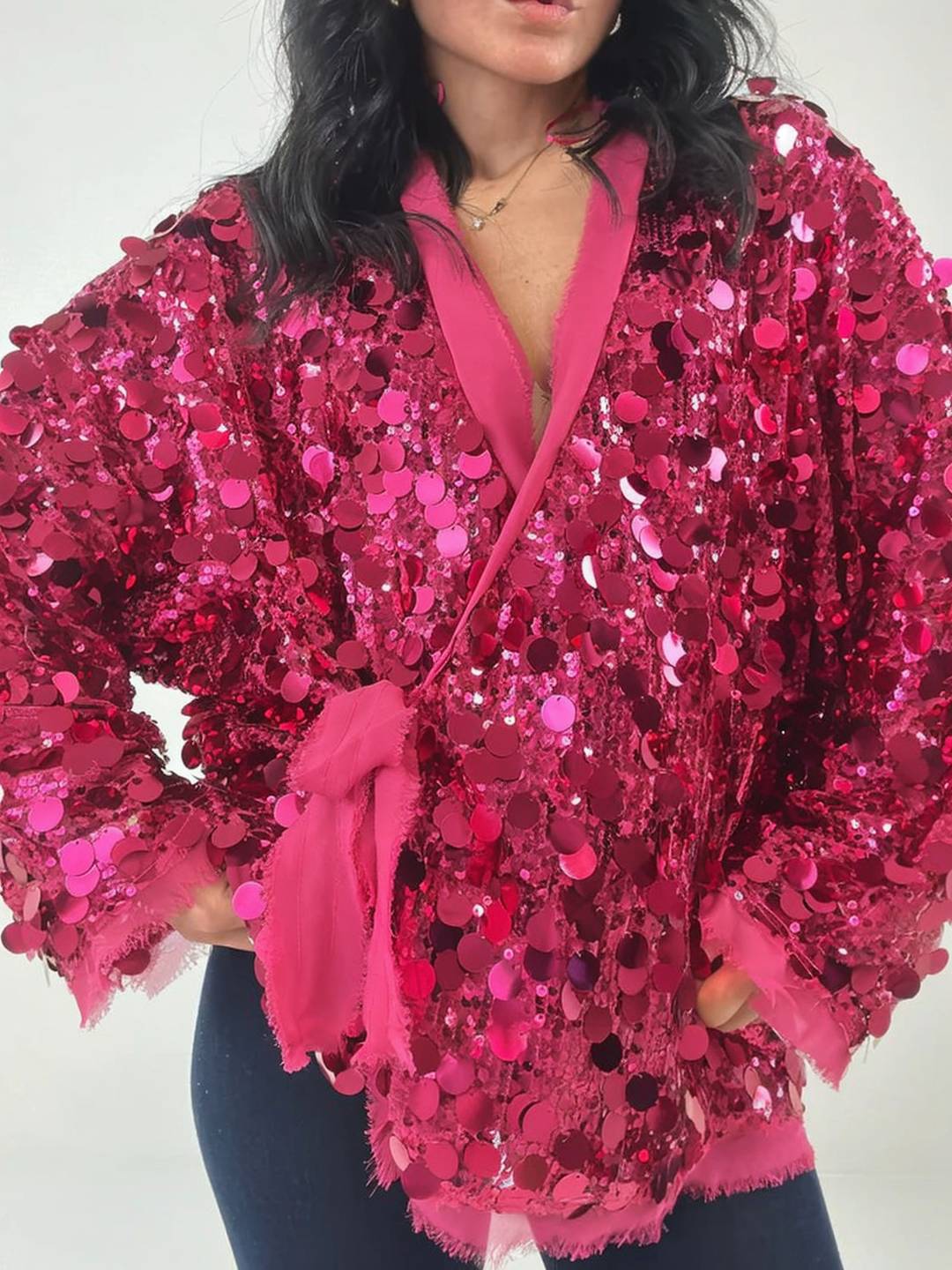 Cocolii veste courte brillante paillette pour femme v-cou manches longues ceinture élégant oversized cardigan