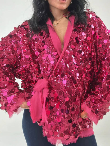 Cocolii veste courte brillante paillette pour femme v-cou manches longues ceinture élégant oversized cardigan