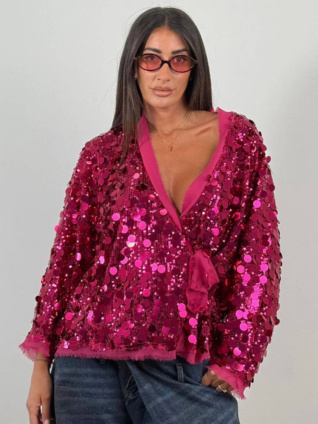 Cocolii veste courte brillante paillette pour femme v-cou manches longues ceinture élégant oversized cardigan