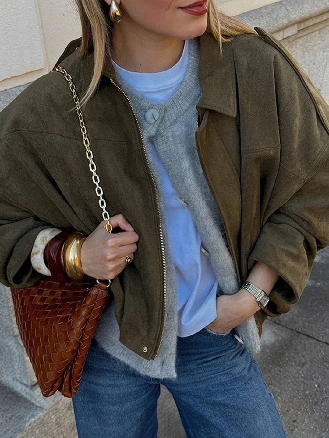 Cocolii blouson en suédine pour femme manches chauve souris style boyfriend décontracté automne veste style vintage