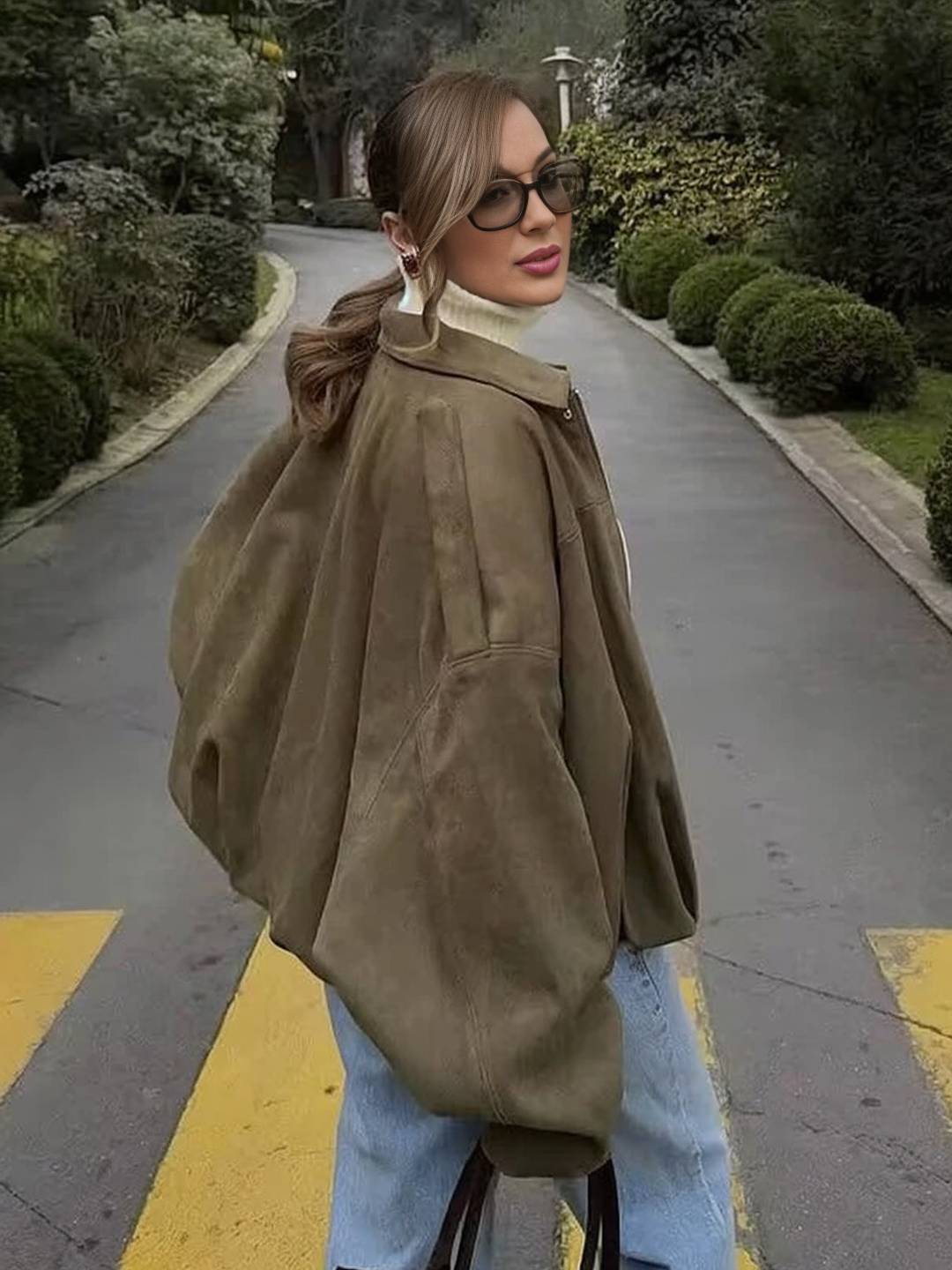 Cocolii blouson en suédine pour femme manches chauve souris style boyfriend décontracté automne veste style vintage