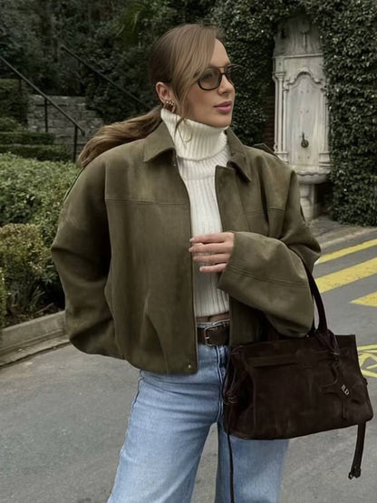 Cocolii blouson en suédine pour femme manches chauve souris style boyfriend décontracté automne veste style vintage