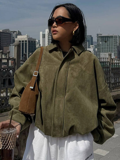 Cocolii blouson en suédine pour femme manches chauve souris style boyfriend décontracté automne veste style vintage