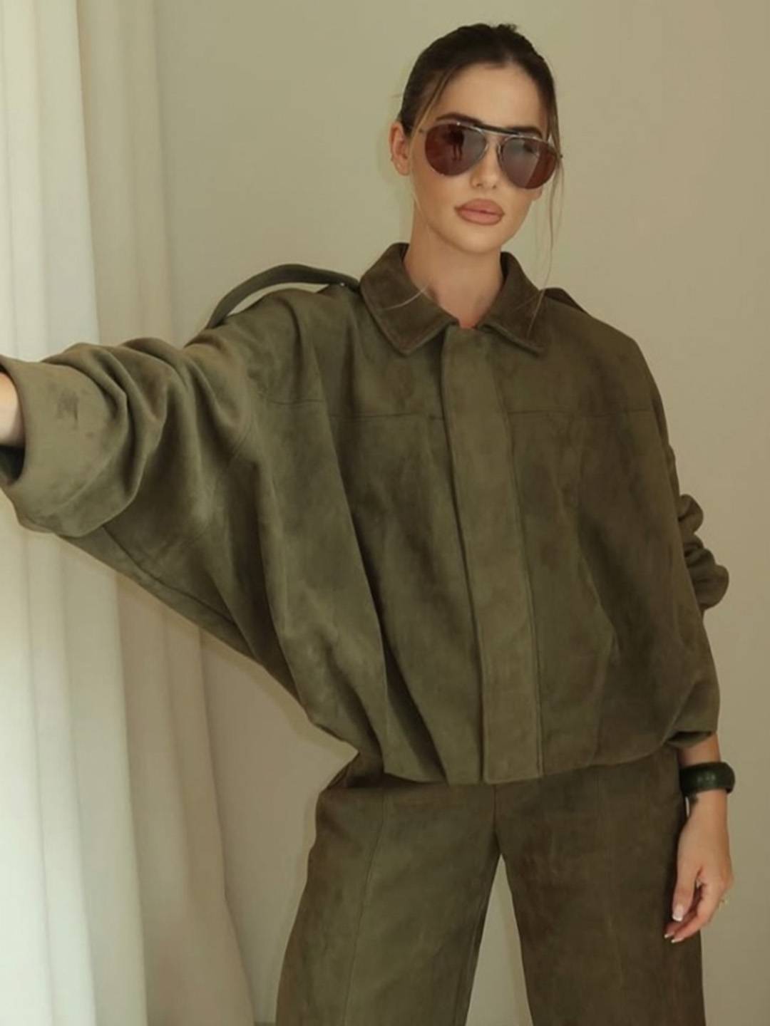 Cocolii blouson en suédine pour femme manches chauve souris style boyfriend décontracté automne veste style vintage