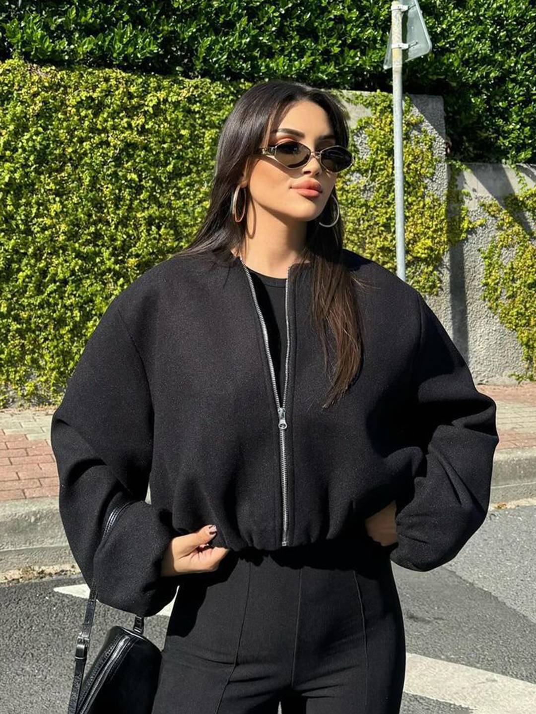 Cocolii veste court bombers fermeture éclair col rond manches longues femme décontracté blouson pour l'automne et l'hiver