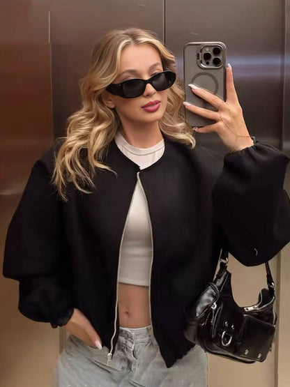 Cocolii veste court bombers fermeture éclair col rond manches longues femme décontracté blouson pour l'automne et l'hiver