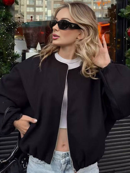 Cocolii veste court bombers fermeture éclair col rond manches longues femme décontracté blouson pour l'automne et l'hiver