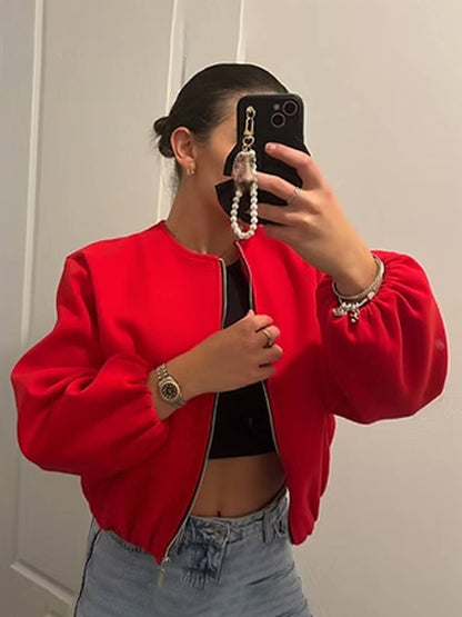 Cocolii veste court bombers fermeture éclair col rond manches longues femme décontracté blouson pour l'automne et l'hiver