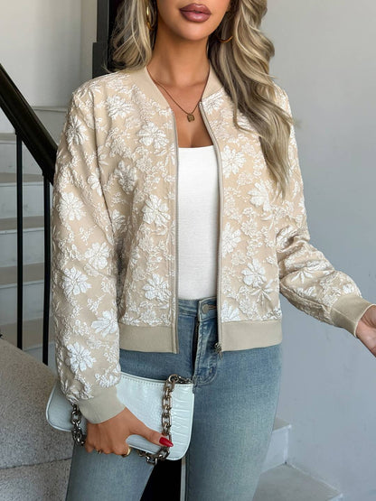 Cocolii court blouson bomber femme en jacquard floral col base-ball manches longues veste léger zippé de mi-Saison