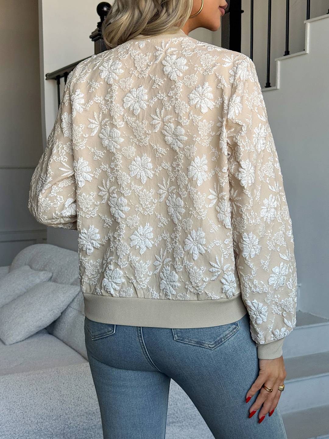 Cocolii court blouson bomber femme en jacquard floral col base-ball manches longues veste léger zippé de mi-Saison