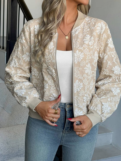 Cocolii court blouson bomber femme en jacquard floral col base-ball manches longues veste léger zippé de mi-Saison