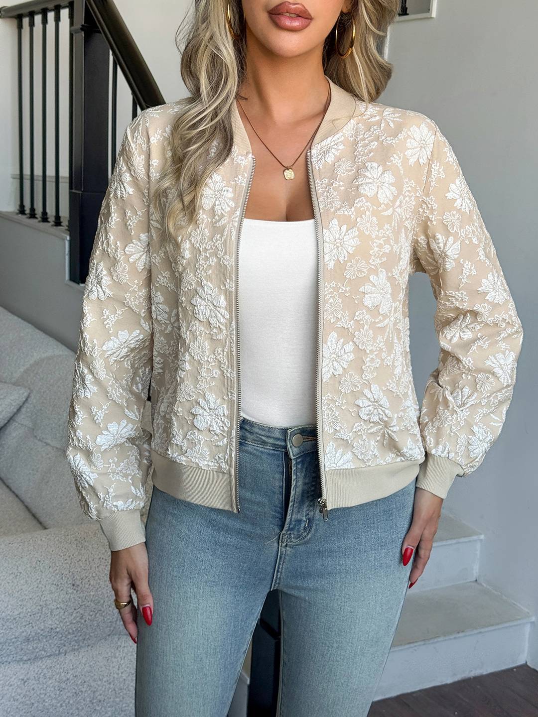 Cocolii court blouson bomber femme en jacquard floral col base-ball manches longues veste léger zippé de mi-Saison