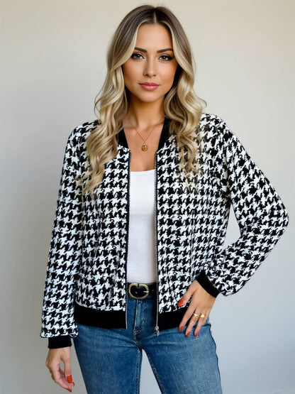 Cocolii blouson bomber femme à motif pied de poule fermeture éclair décontracté veste court et léger pour la mi-saison