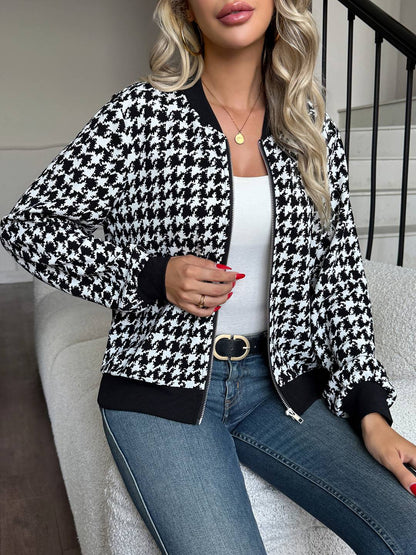 Cocolii blouson bomber femme à motif pied de poule fermeture éclair décontracté veste court et léger pour la mi-saison