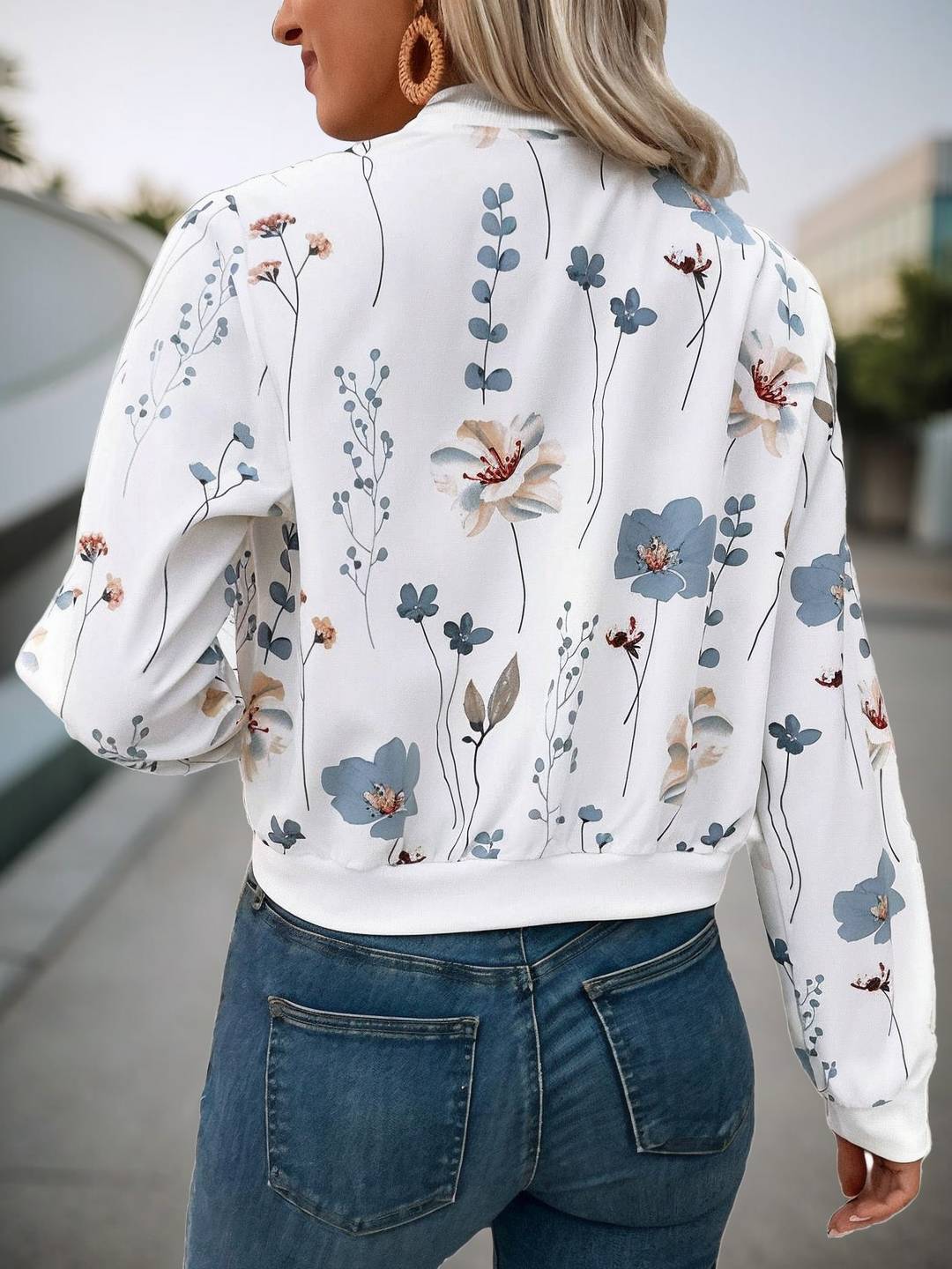 Cocolii court bombers blouson femme imprimé à fleurie fermeture éclair manches longues femme décontracté mi-saison veste