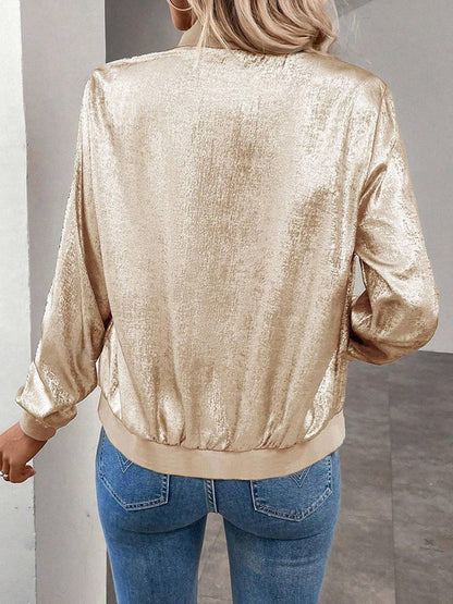 Cocolii bombers blouson femme fermeture éclair col montant manches longues élégant décontracté métallique chic veste