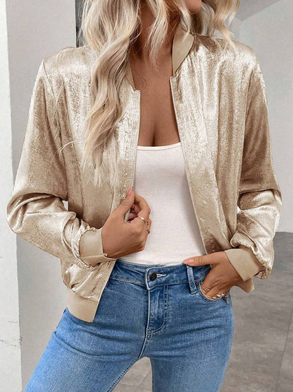 Cocolii bombers blouson femme fermeture éclair col montant manches longues élégant décontracté métallique chic veste