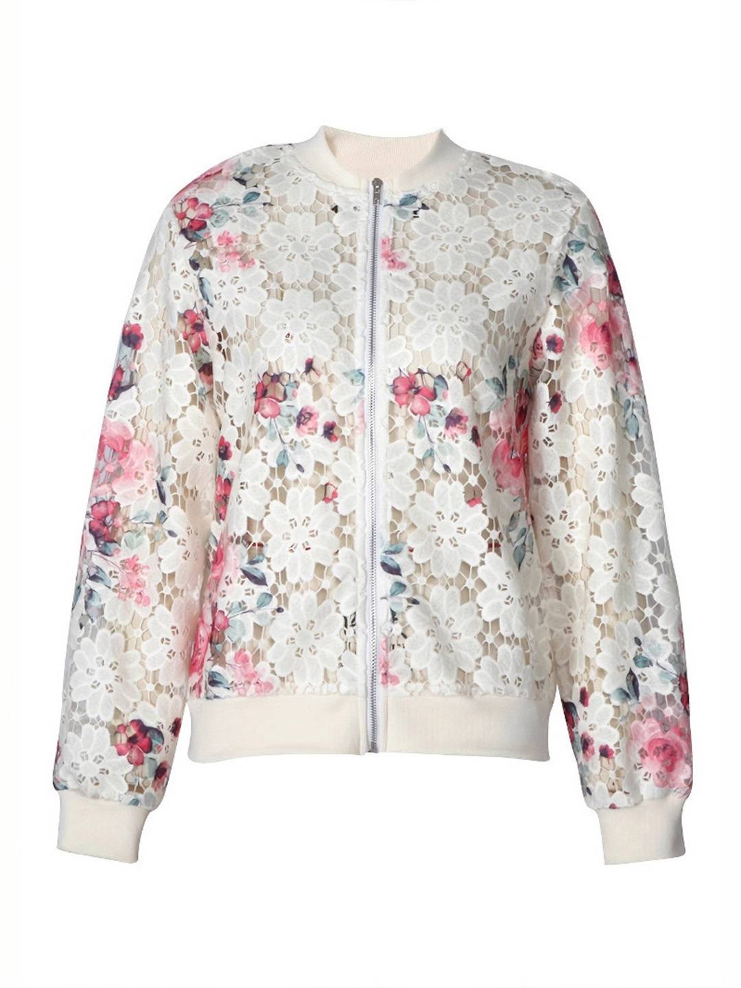 Cocolii court blouson bombers femme en dentelle à fleurie brodée col base-ball décontracté veste automne