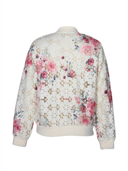 Cocolii court blouson bombers femme en dentelle à fleurie brodée col base-ball décontracté veste automne